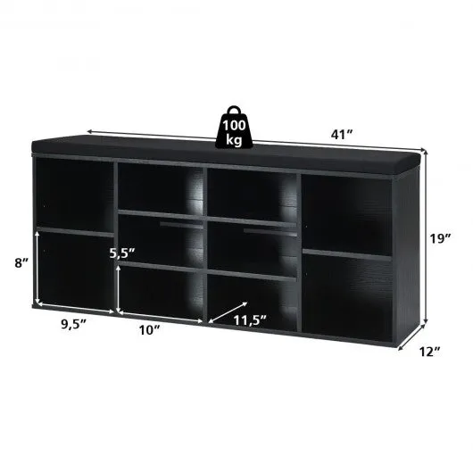 10-Cube Organizer  Entryway Padded Shoe Storage Bench-Black