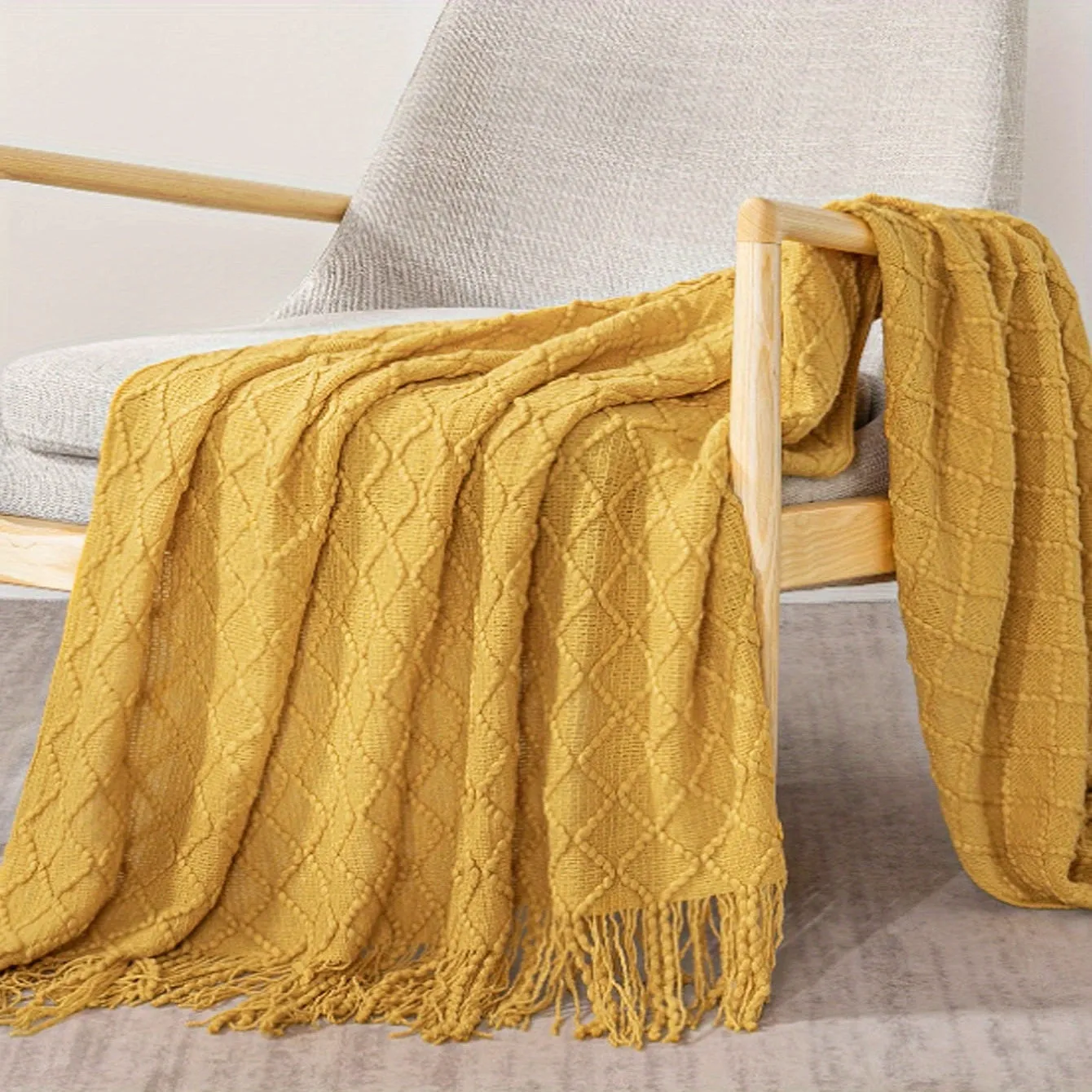 1pc Cozy Nordic Guipure Knitted Throw Blanket - Ultra-Soft, Warm, and Lightweight with Stylish Tassel for Bed, Couch, Sofa, Travel, and Camping - Perfect for Chilly Nights and Outdoor Adventures