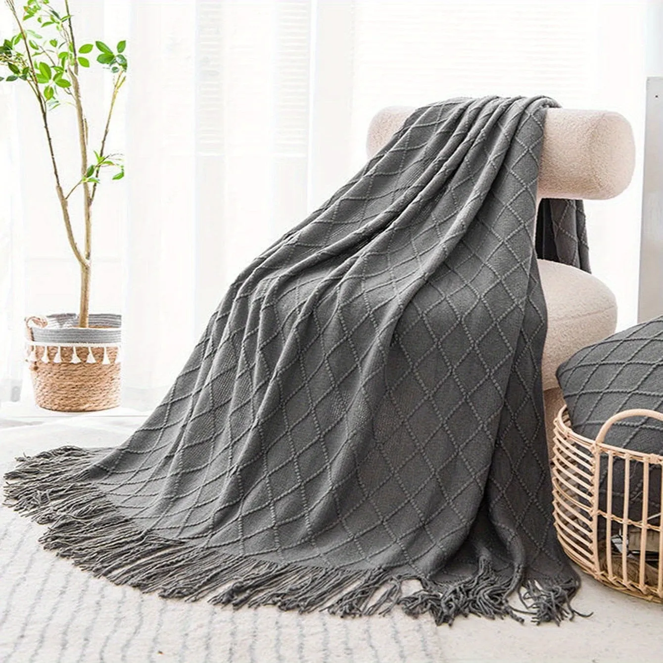 1pc Cozy Nordic Guipure Knitted Throw Blanket - Ultra-Soft, Warm, and Lightweight with Stylish Tassel for Bed, Couch, Sofa, Travel, and Camping - Perfect for Chilly Nights and Outdoor Adventures