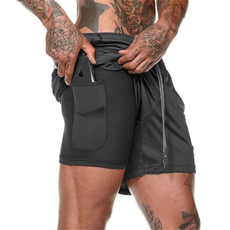 2-in-1 Men's Running Shorts Double-deck Quick Drying Jogging Gym Short Pants with Phone Pocket