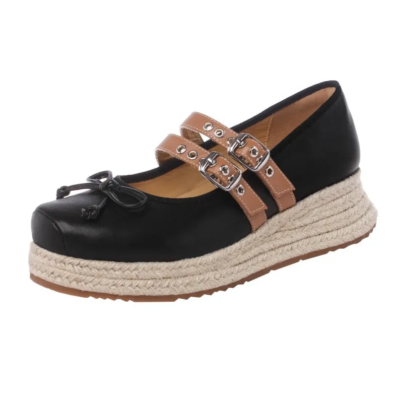 50mm Double Buckle Strap Espadrille-Sole Leather Sandals in Beige/Black