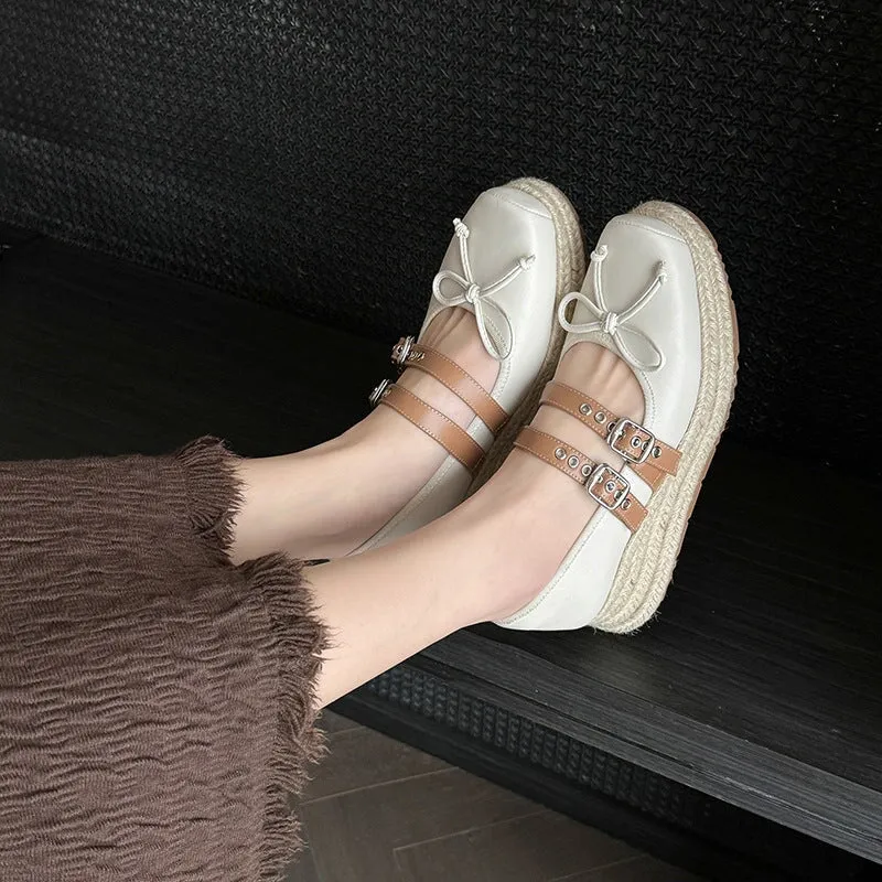 50mm Double Buckle Strap Espadrille-Sole Leather Sandals in Beige/Black