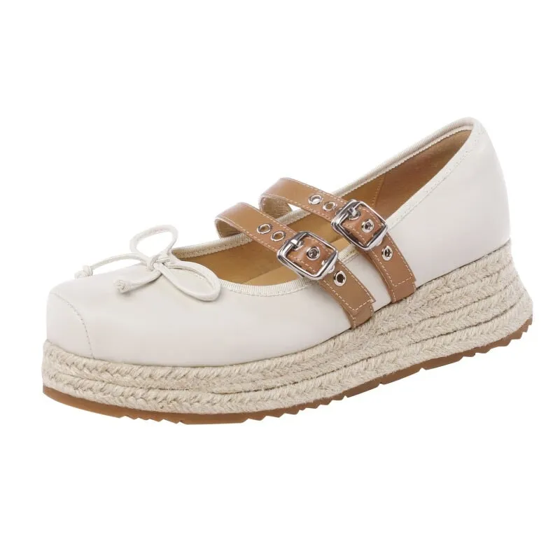 50mm Double Buckle Strap Espadrille-Sole Leather Sandals in Beige/Black