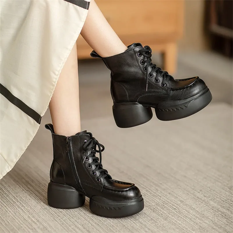 65mm Platform Boots Handmade Combat Boots Lace up Leather Martin Boots in Coffee/Black