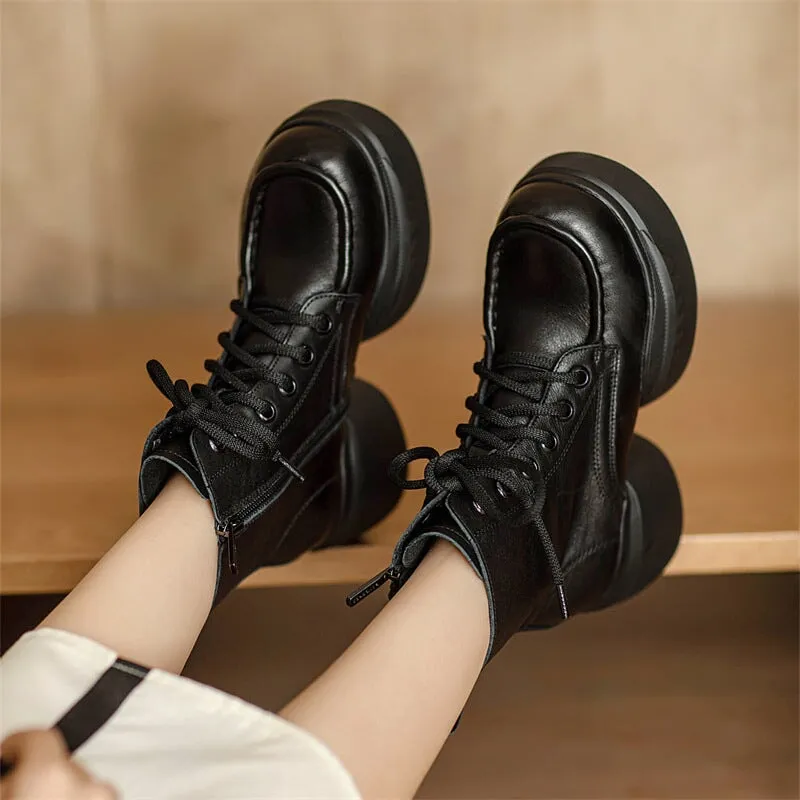 65mm Platform Boots Handmade Combat Boots Lace up Leather Martin Boots in Coffee/Black