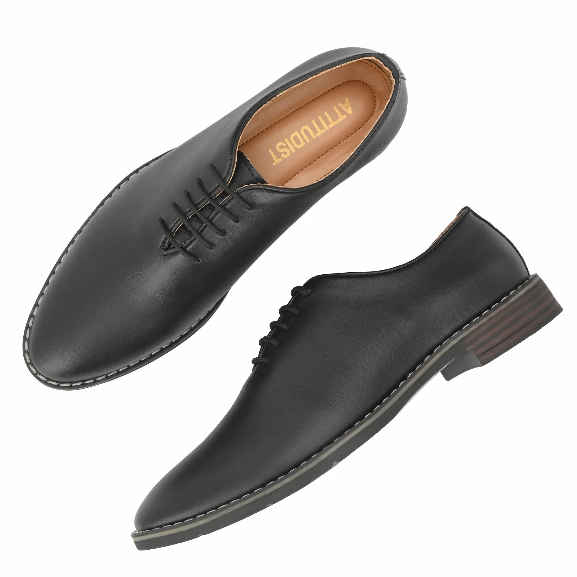 Attitudist Unisex Handcrafted Oxford Plain Black Matte Formal Laceup Derby Shoes