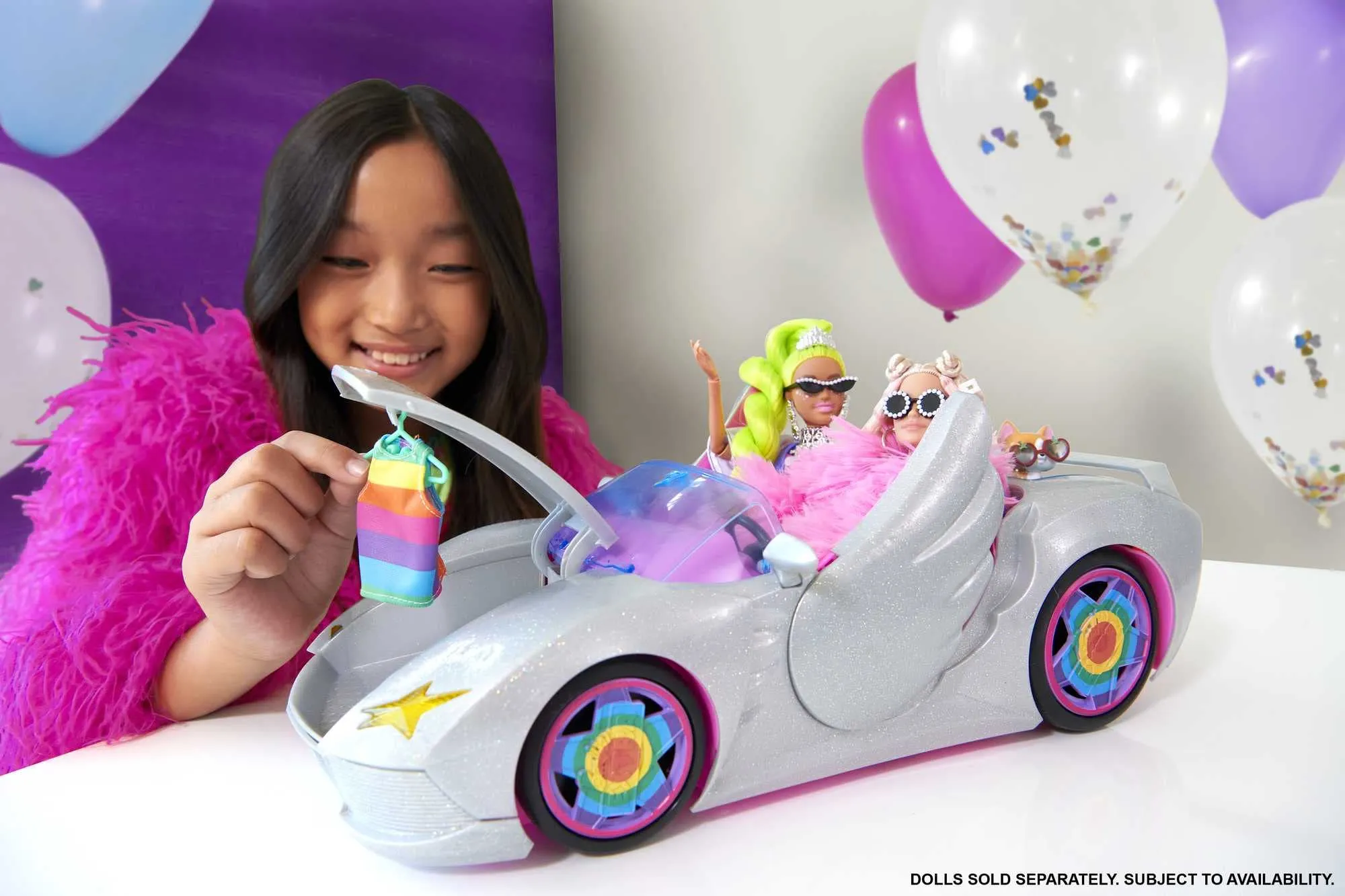 Barbie Extra Vehicle, Sparkly Silver 2-Seater Car with Rolling Wheels