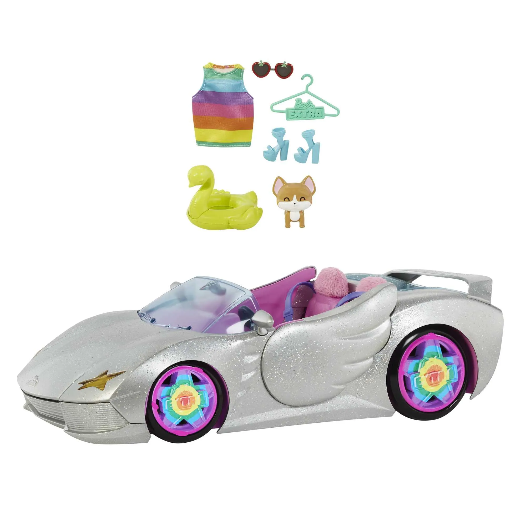 Barbie Extra Vehicle, Sparkly Silver 2-Seater Car with Rolling Wheels