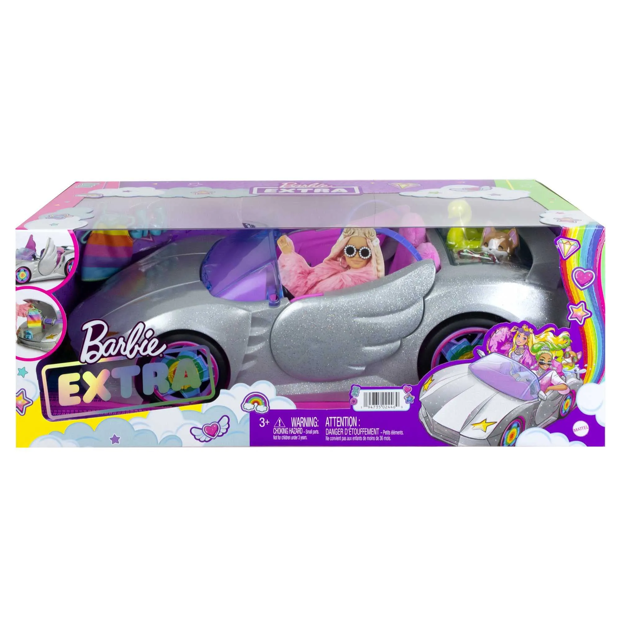 Barbie Extra Vehicle, Sparkly Silver 2-Seater Car with Rolling Wheels