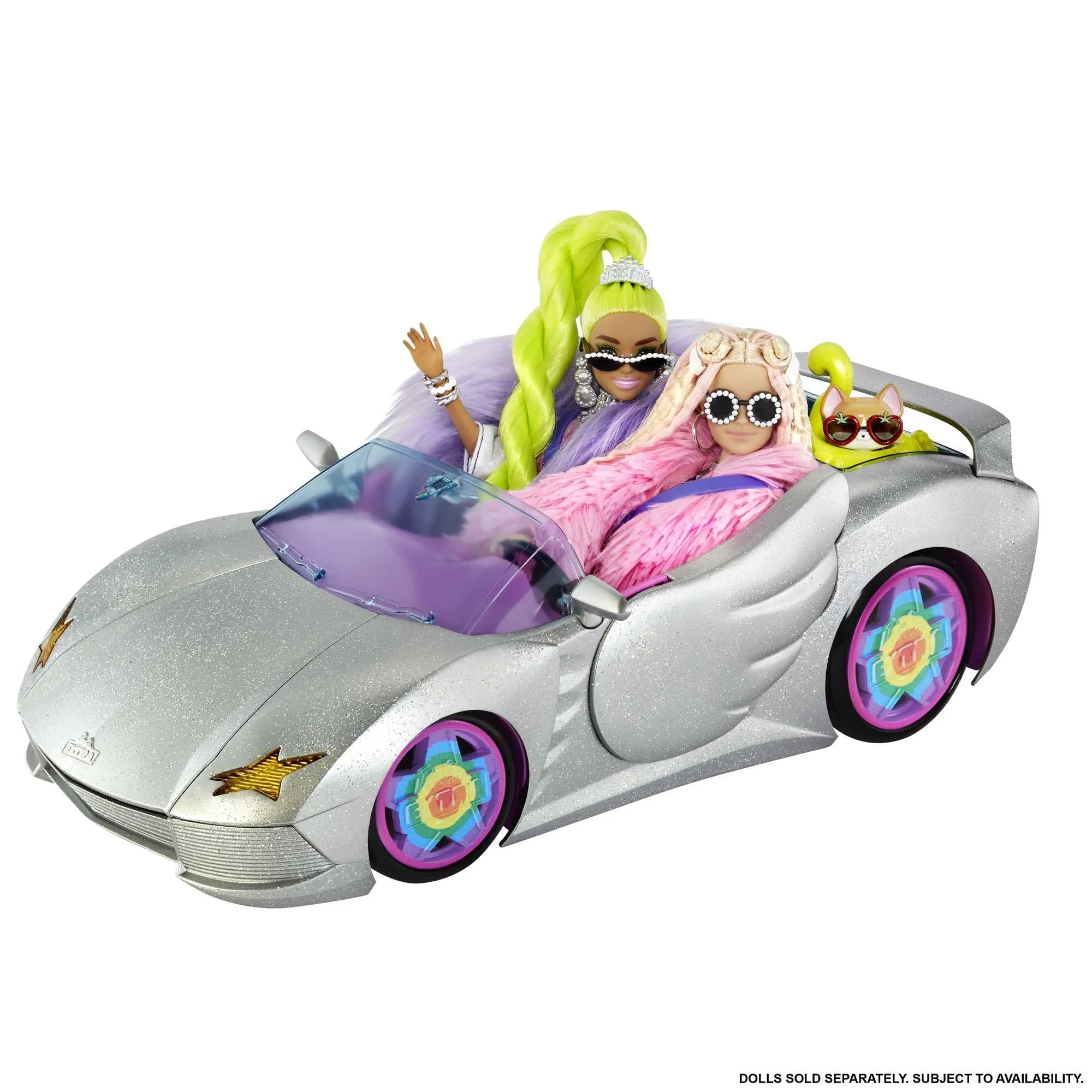 Barbie Extra Vehicle, Sparkly Silver 2-Seater Car with Rolling Wheels