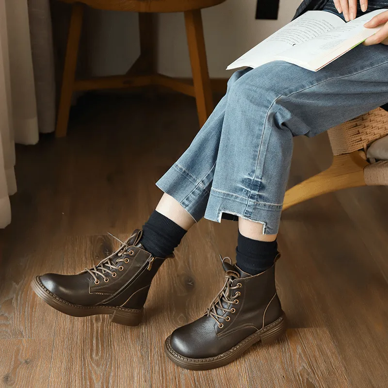 Big Toe Martin Boots For Women Lace-Up Leather Ankle Booties in Black/Brown/Khaki