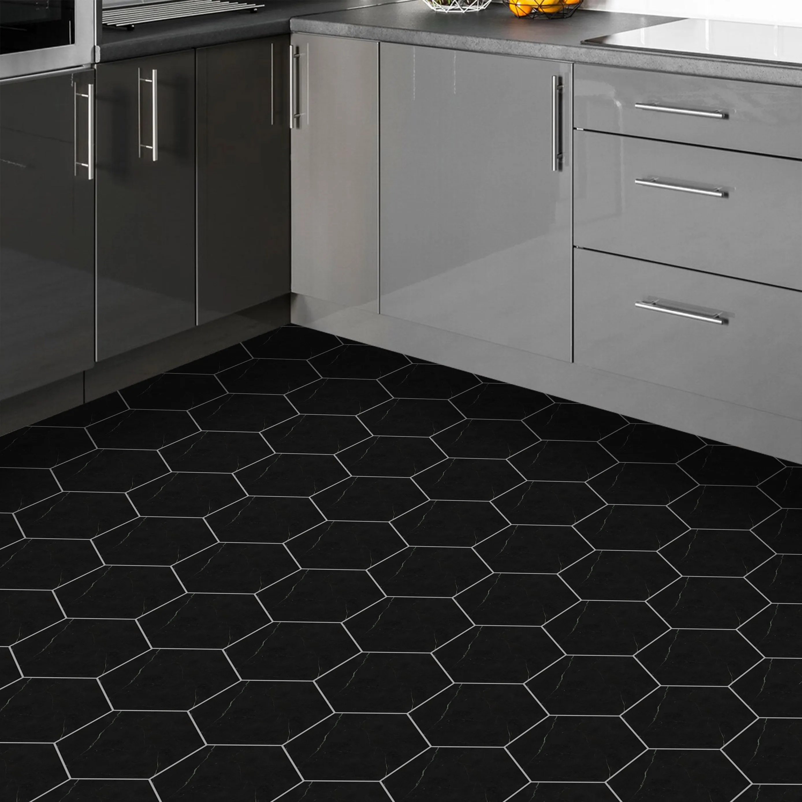 Black Marble Hexagon Peel and Stick Vinyl Floor Tile Sticker