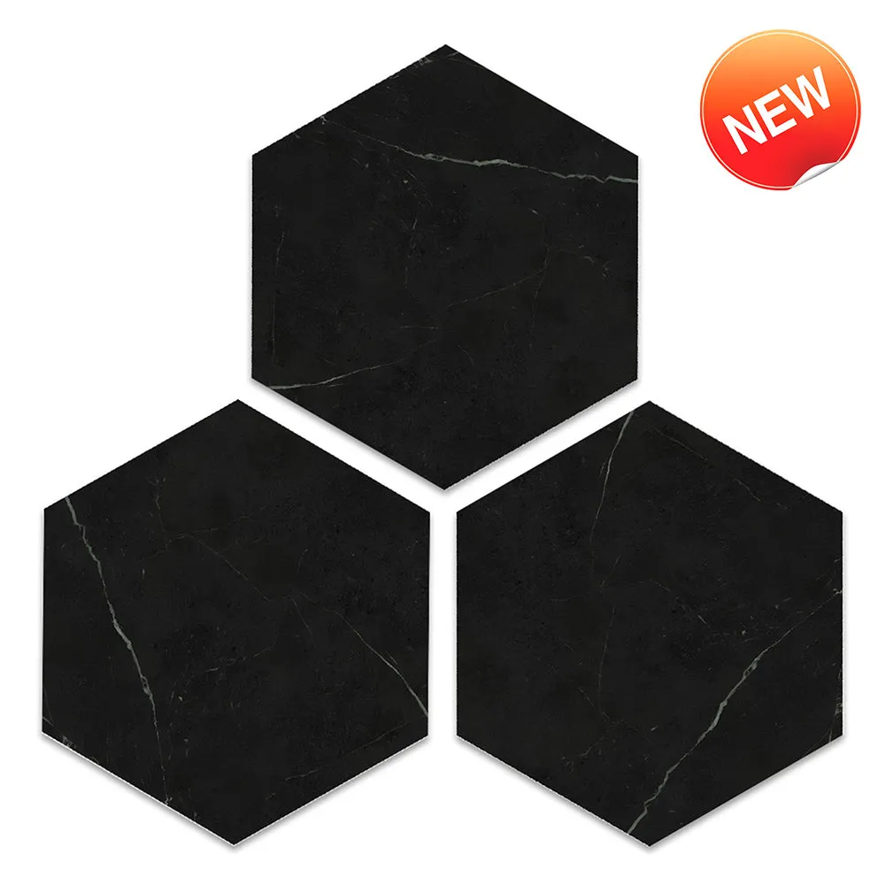 Black Marble Hexagon Peel and Stick Vinyl Floor Tile Sticker