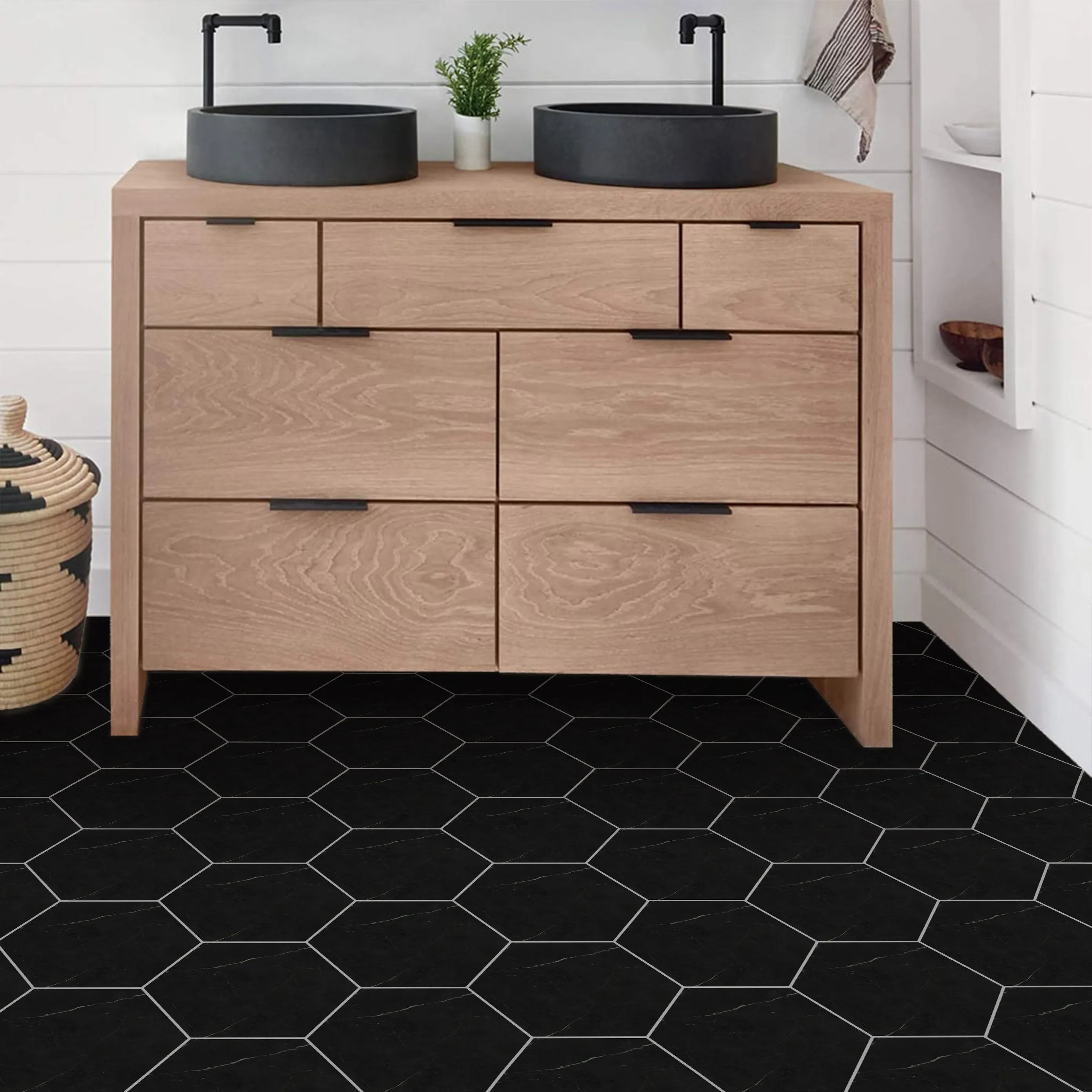 Black Marble Hexagon Peel and Stick Vinyl Floor Tile Sticker