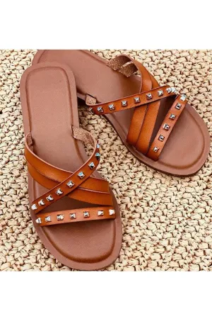 Cognac Studded Strappy Sandals