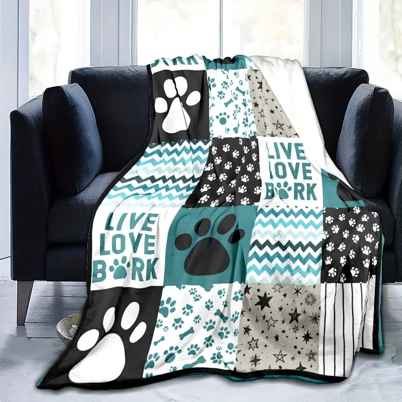 Contemporary Patterned Dog Paw Print Flannel Fleece Throw Blanket, Soft Warm Lightweight Multipurpose Pet Decor Blanket for Bed, Sofa, Chair, and Outdoor Use, Stain Resistant, All-Season Cozy Polyester Cover