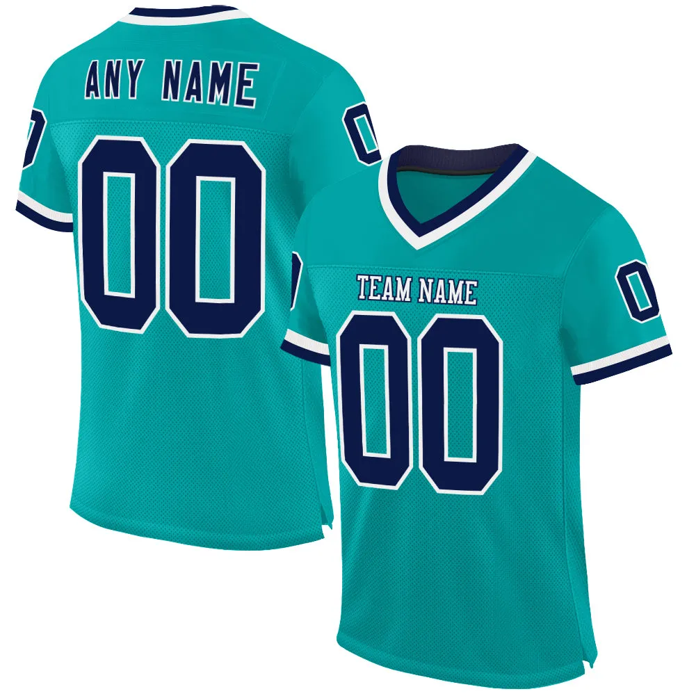 Custom Aqua Navy-White Mesh Authentic Throwback Football Jersey