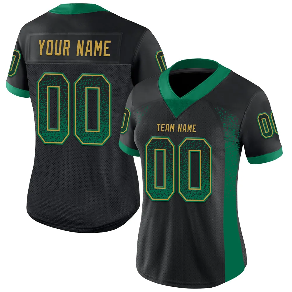 Custom Black Kelly Green-Old Gold Mesh Drift Fashion Football Jersey