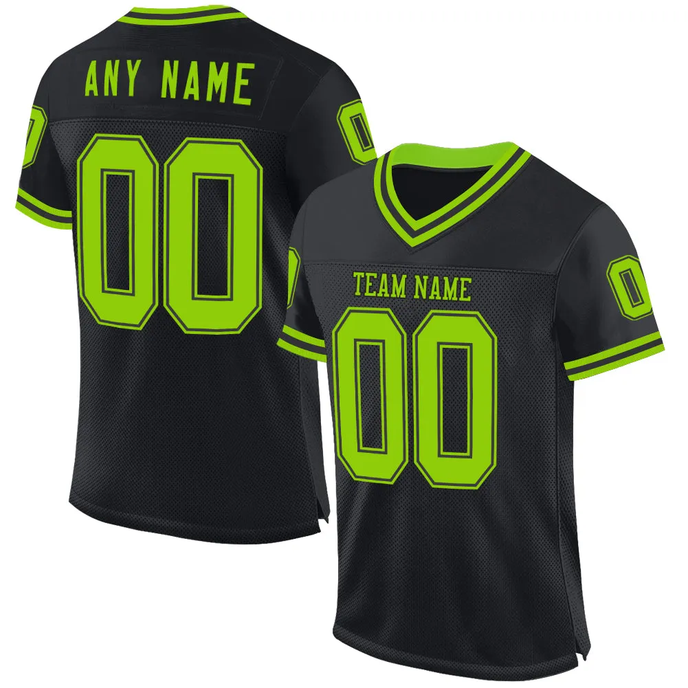 Custom Black Neon Green Mesh Authentic Throwback Football Jersey