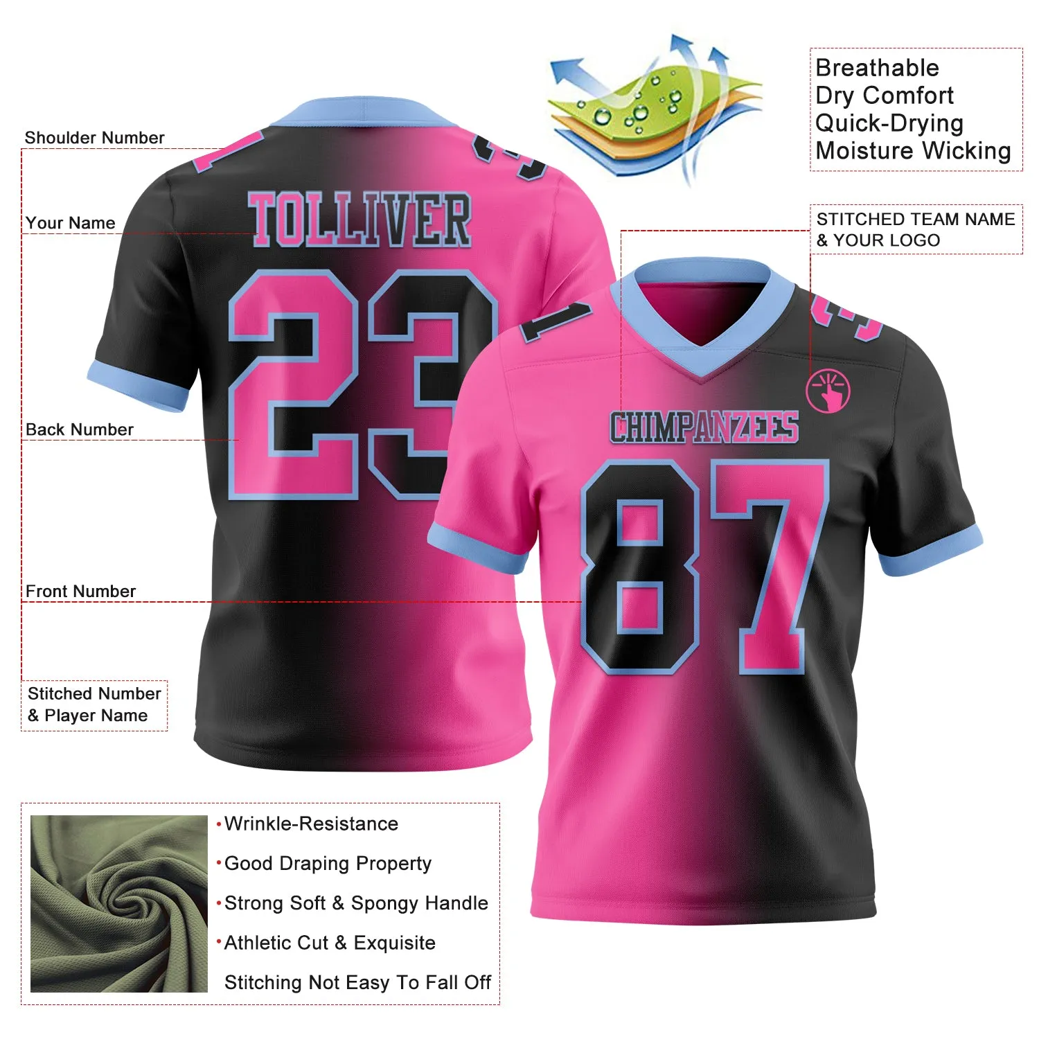 Custom Black Pink-Light Blue Mesh Authentic Gradient Fashion Football Jersey