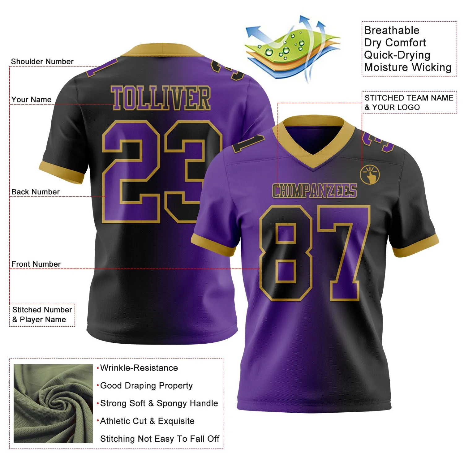 Custom Black Purple-Old Gold Mesh Authentic Gradient Fashion Football Jersey