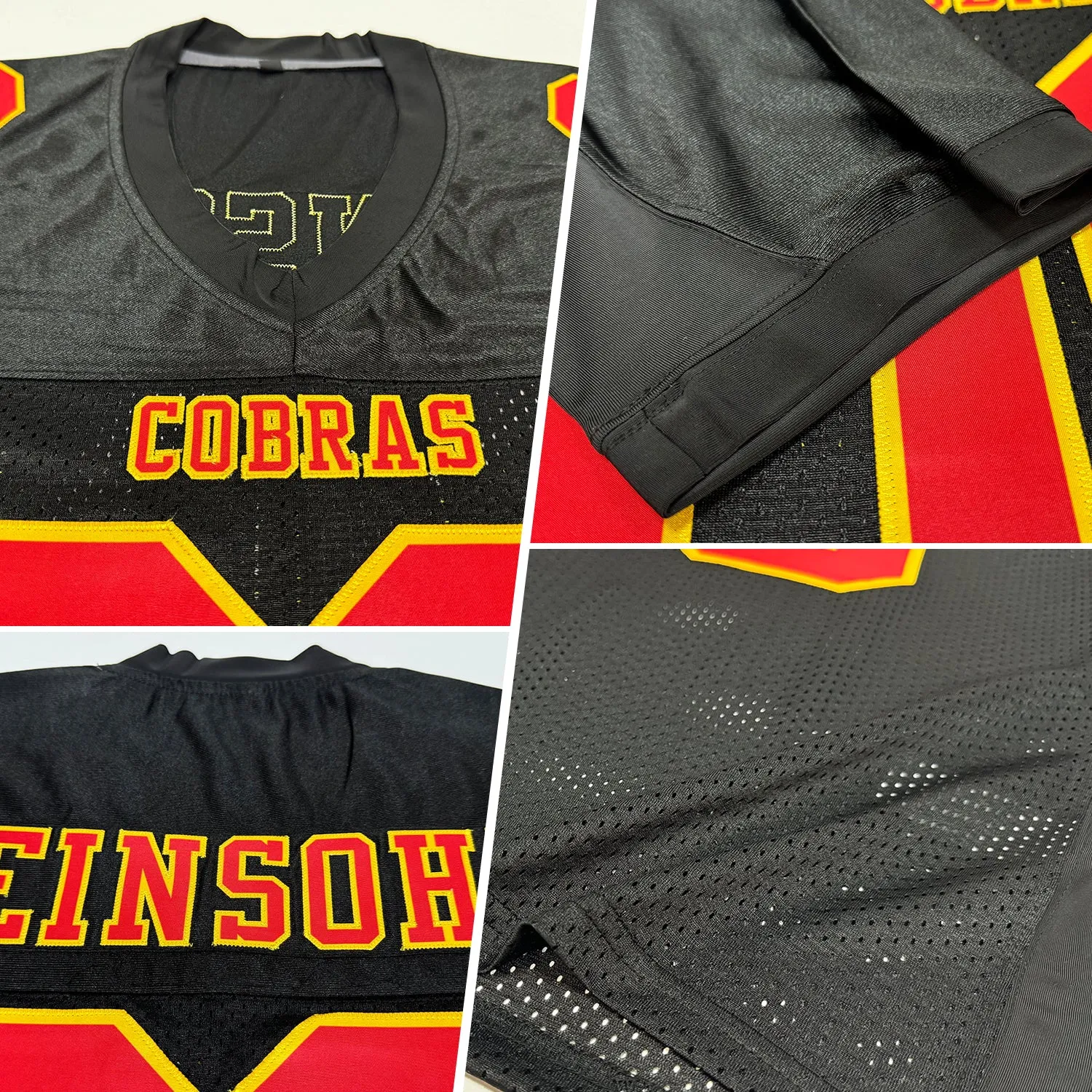 Custom Black Red-Gold Mesh Authentic Football Jersey