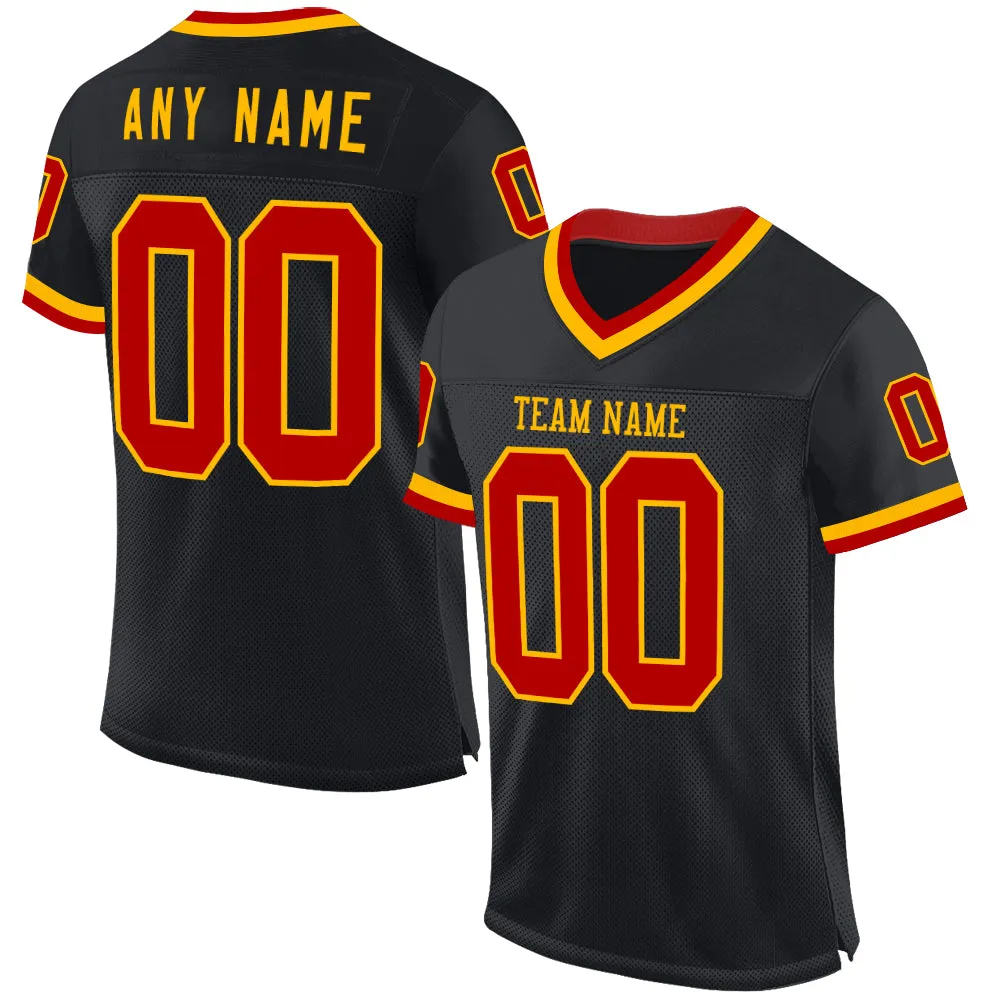 Custom Black Red-Gold Mesh Authentic Throwback Football Jersey