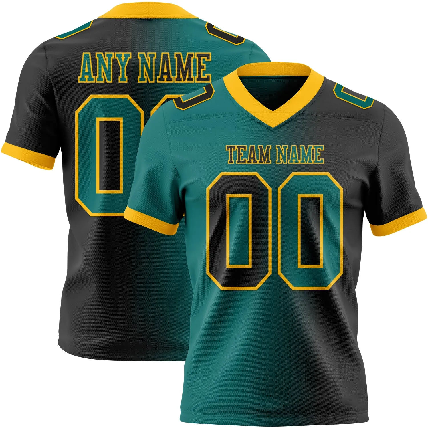 Custom Black Teal-Gold Mesh Authentic Gradient Fashion Football Jersey