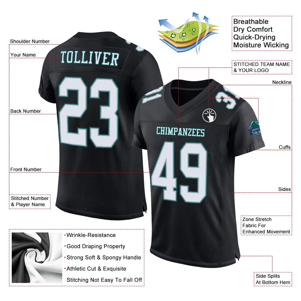 Custom Black White Gray-Midnight Green Mesh Authentic Football Jersey