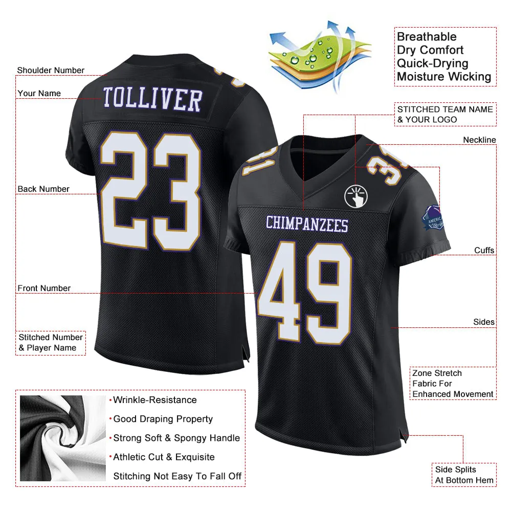 Custom Black White Old Gold-Purple Mesh Authentic Football Jersey