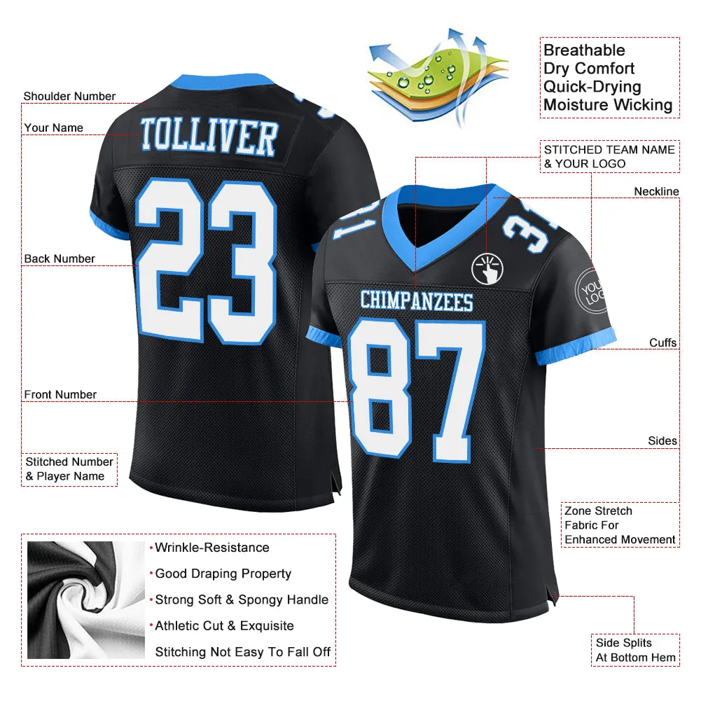 Custom Black White-Powder Blue Mesh Authentic Football Jersey