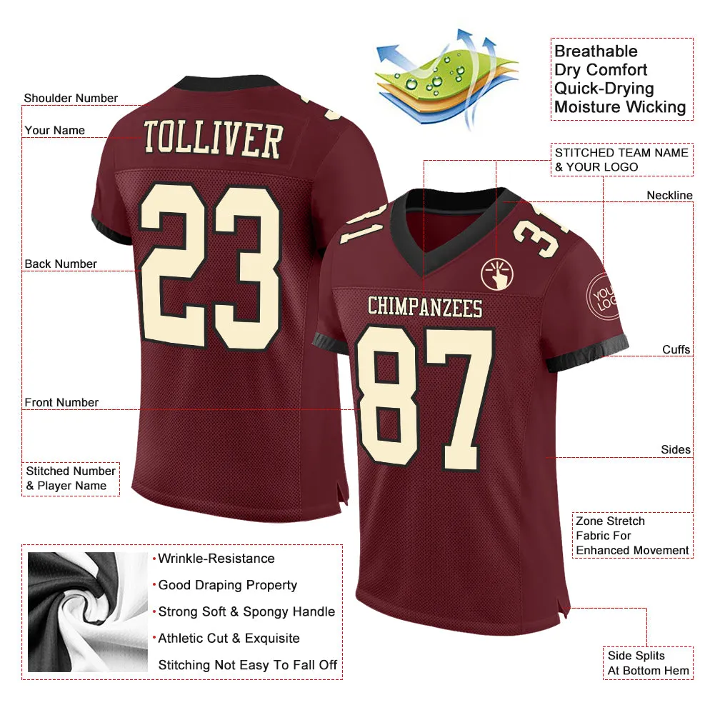 Custom Burgundy Cream-Black Mesh Authentic Football Jersey