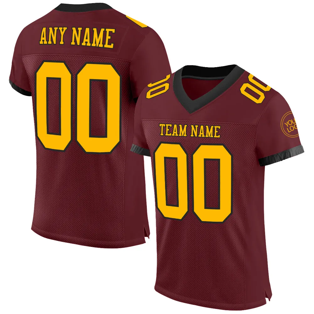 Custom Burgundy Gold-Black Mesh Authentic Football Jersey