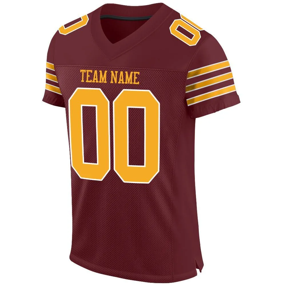 Custom Burgundy Gold-White Mesh Authentic Football Jersey