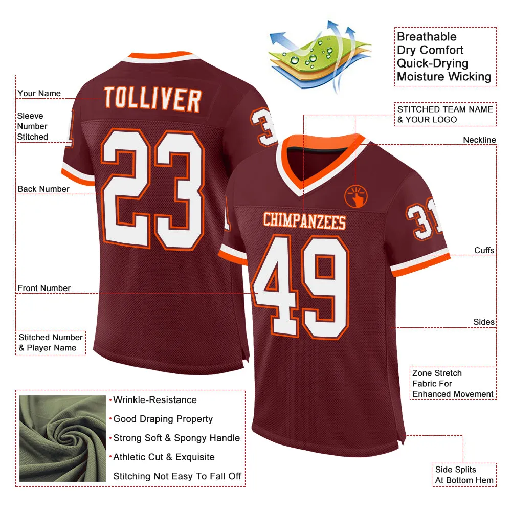 Custom Burgundy White-Orange Mesh Authentic Throwback Football Jersey