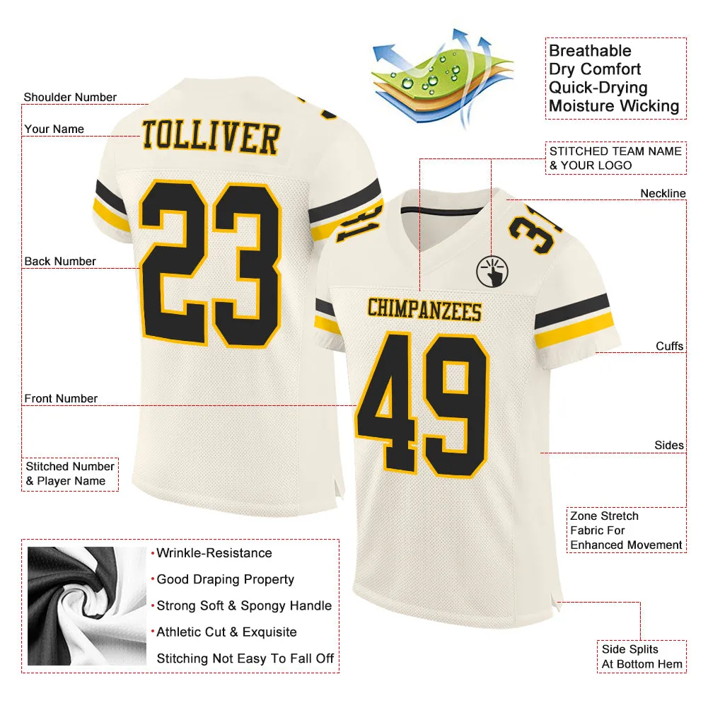 Custom Cream Black-Gold Mesh Authentic Football Jersey