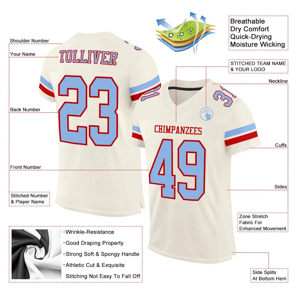 Custom Cream Light Blue-Red Mesh Authentic Football Jersey