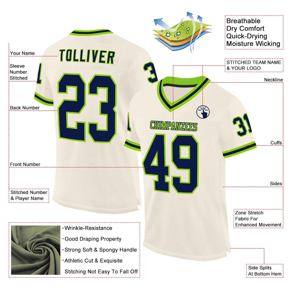 Custom Cream Navy-Neon Green Mesh Authentic Throwback Football Jersey