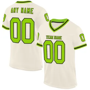 Custom Cream Neon Green-Black Mesh Authentic Throwback Football Jersey