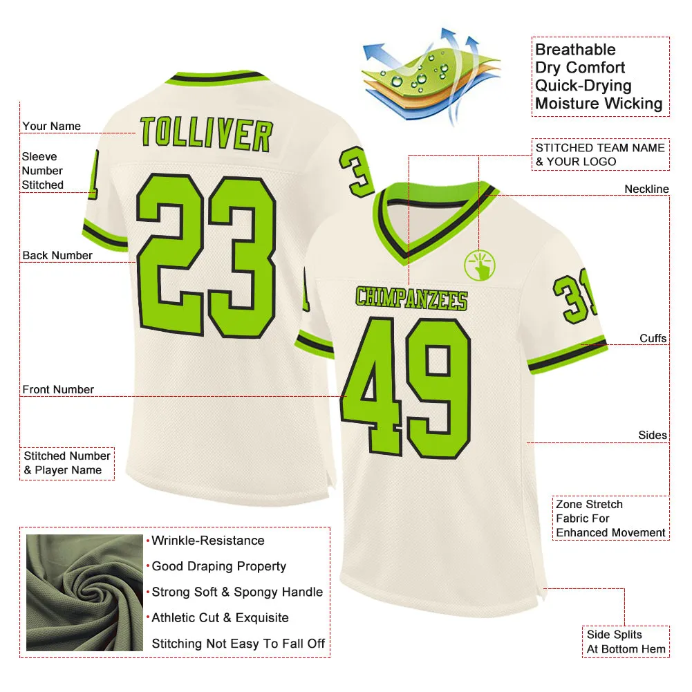 Custom Cream Neon Green-Black Mesh Authentic Throwback Football Jersey