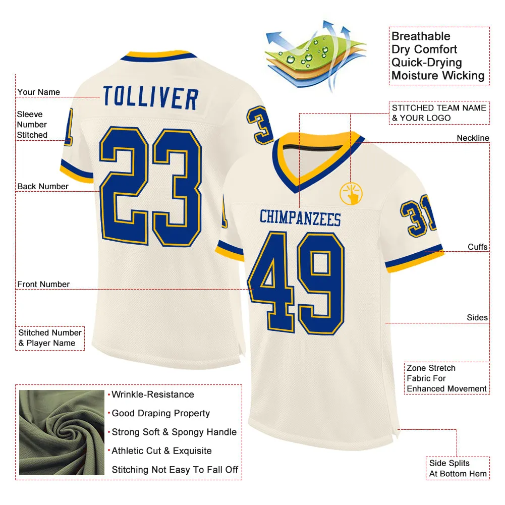 Custom Cream Royal-Gold Mesh Authentic Throwback Football Jersey