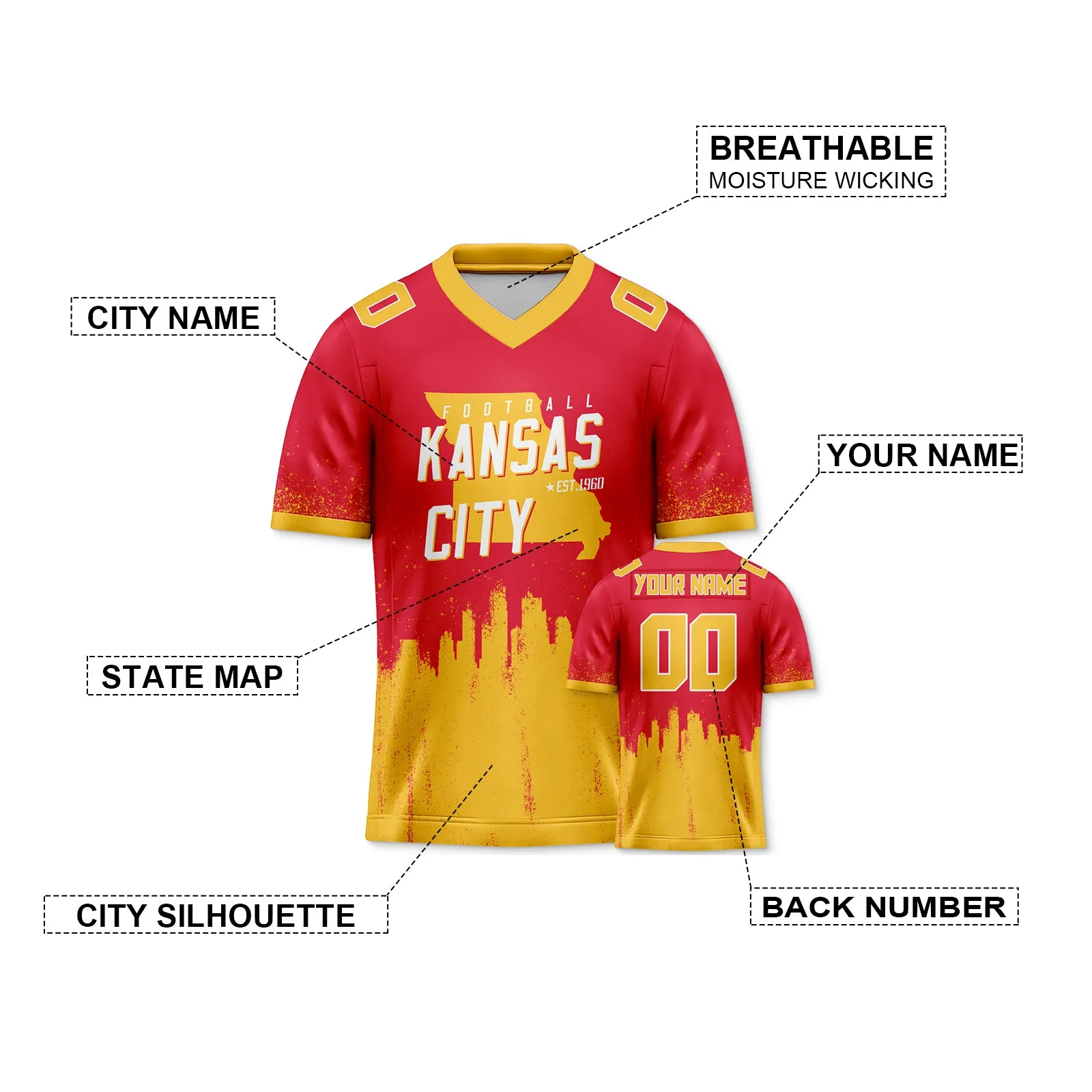 Custom Football Jersey Kansas City Chiefs City Map Graffiti Shirt Unisex Personalized Name and Number for Men Women Youth Football Fans Gift