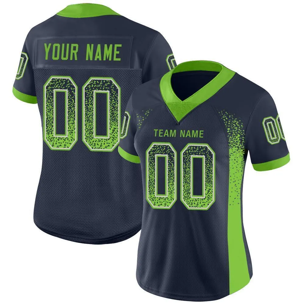 Custom Navy Neon Green-Gray Mesh Drift Fashion Football Jersey