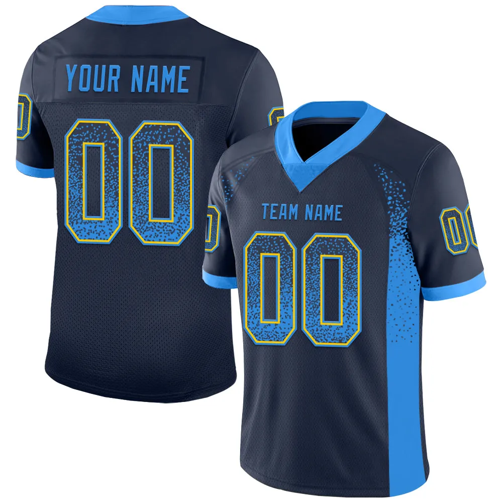 Custom Navy Powder Blue-Yellow Mesh Drift Fashion Football Jersey