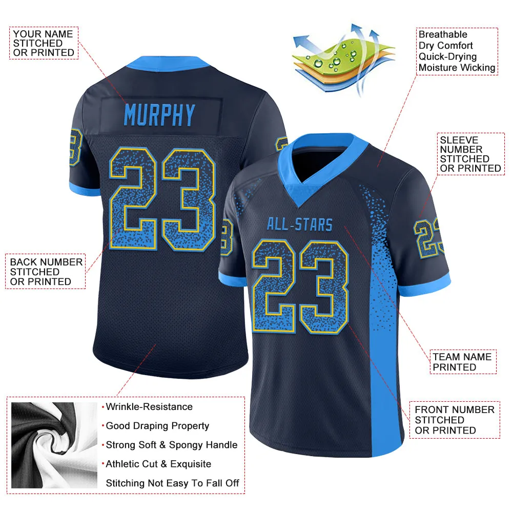 Custom Navy Powder Blue-Yellow Mesh Drift Fashion Football Jersey