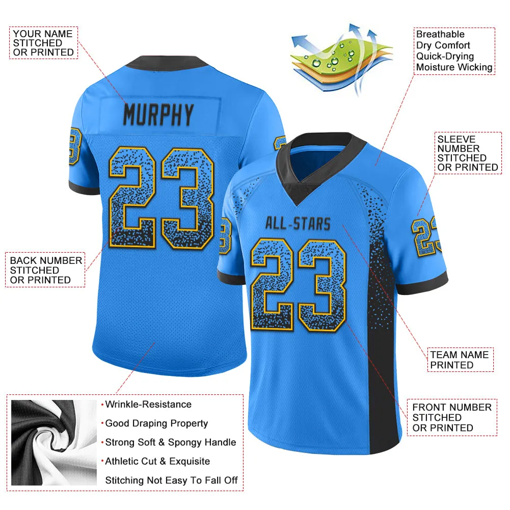 Custom Powder Blue Black-Gold Mesh Drift Fashion Football Jersey