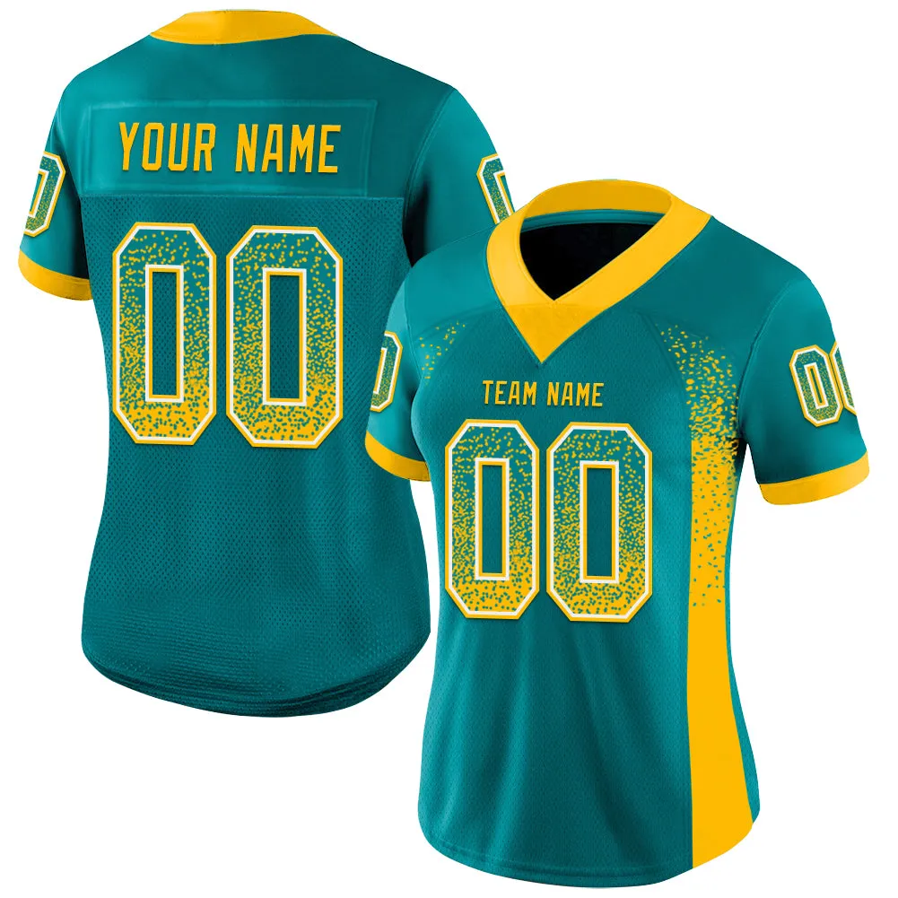 Custom Teal Gold-White Mesh Drift Fashion Football Jersey