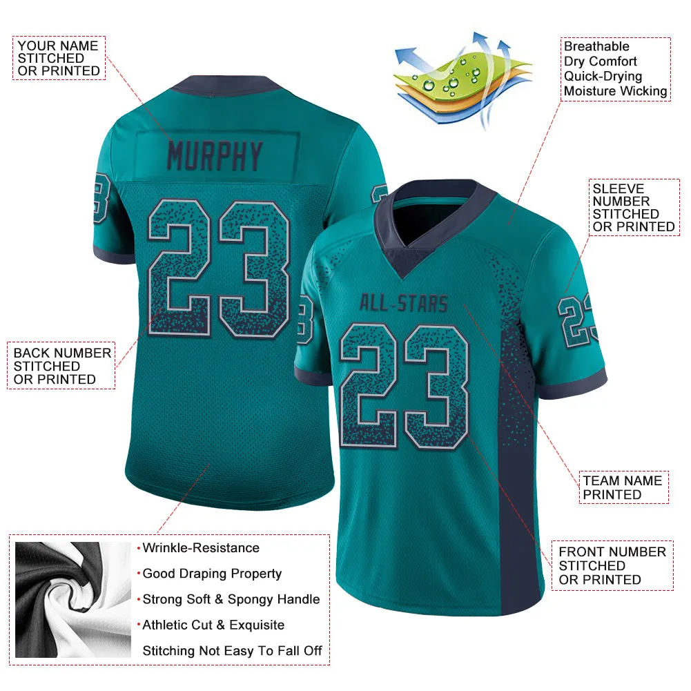 Custom Teal Navy-Gray Mesh Drift Fashion Football Jersey