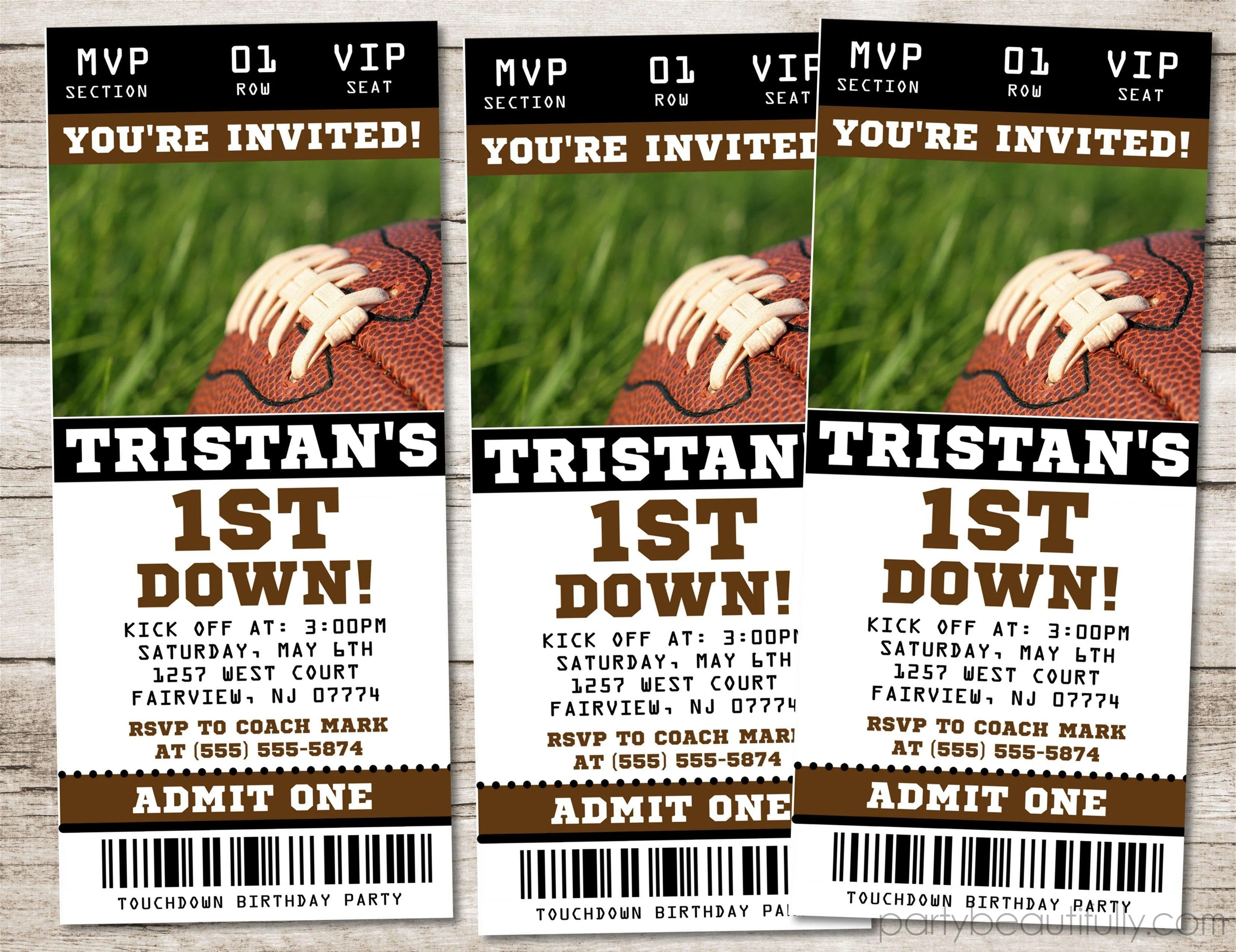 Football 1st Birthday Party Ticket Invitations