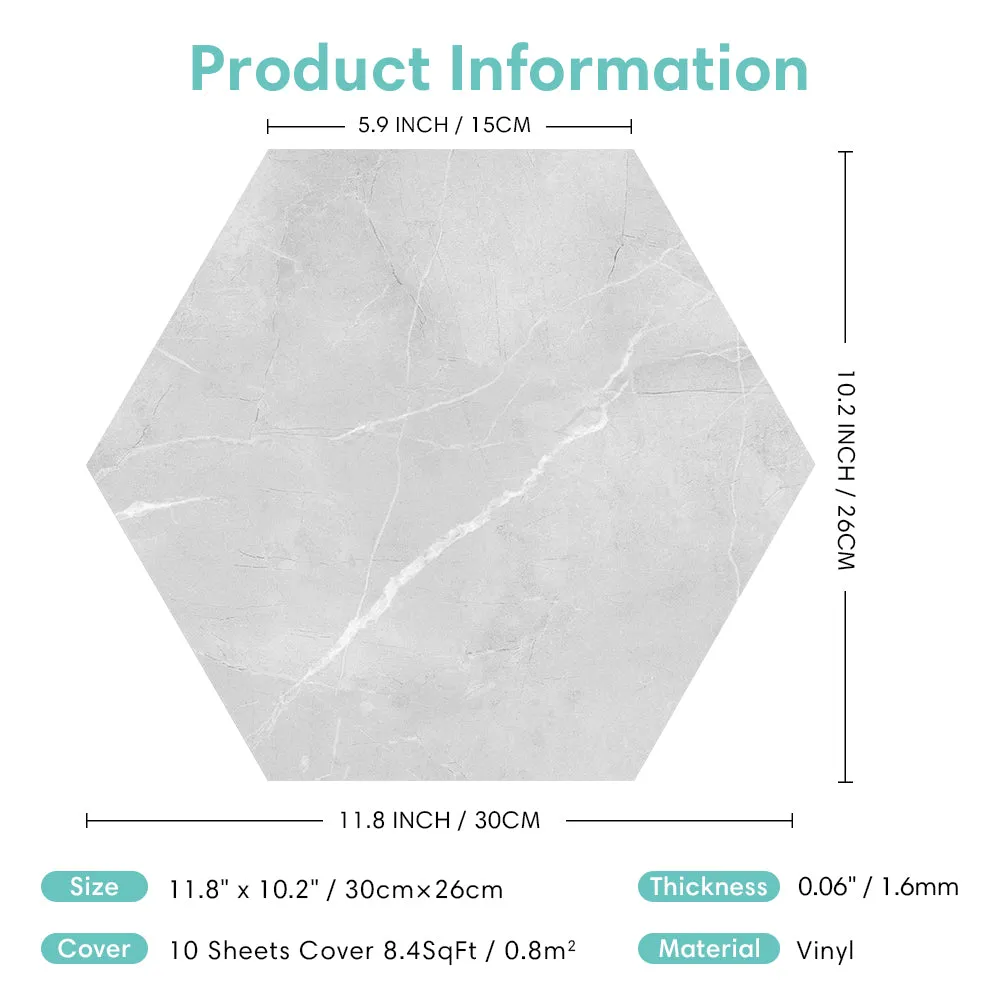 Grey Marble Hexagon Peel and Stick Vinyl Floor Tile Sticker